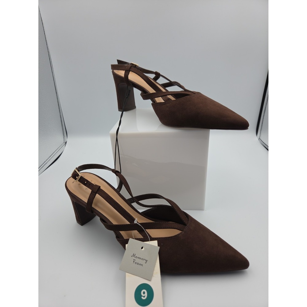 A New Day Women's Brown Strappy Pointed Toe Block Heels Buckle Accent 9